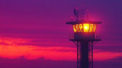 Illuminated Air Traffic Control Tower at Sunset