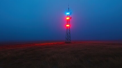 Illuminated Communication Tower in Foggy Field at Night