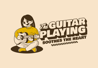 Retro girl character illustration playing a guitar. Good for sticker print