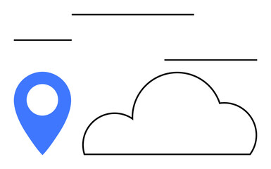 Blue map pin and outlined cloud with minimal line accents. Ideal for tech, internet, GPS navigation, cloud storage, data networks, mobile apps, weather forecasting. Line metaphor