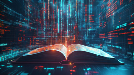 Illuminated Financial Insights, a portfolio showcasing vibrant graphs and charts hologram, open book surrounded by glowing connections and data analysis, Digital Background in concept of knowledge.