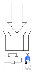 Downward arrow above box, suitcase, and person with documents suggests organization, delivery, career, planning, logistics, moving teamwork. Ideal for business concepts workflow planning abstract