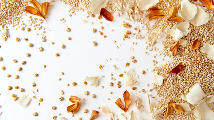 top down view of various grains and seeds mixed with flower petals, creating visually appealing arrangement. combination of textures and colors evokes sense of natural beauty