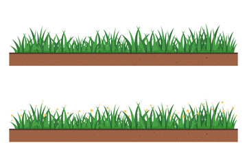 Set of Green grass on ground isolated on white background. Green bush blossom. Green grass collection. Flower bush. Side view of soil. Flat vector illustration.