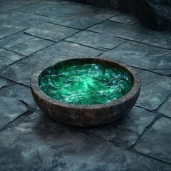 A bowl of glowing green liquid sits on a stone floor.