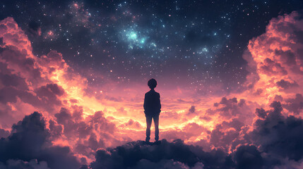 Fototapeta premium Exploring the Ethereal Landscape of Twilight: A Child's Journey Through the Cosmos, Stars, and Dreamy Colors in a Mystical Universe of Wonder and Solitude