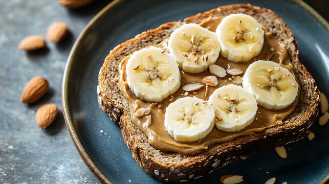 Peanut Butter and Banana Toast:  A close-up shot of a simple and delicious breakfast or snack, a slice of whole grain toast topped with creamy peanut butter and sweet banana slices.