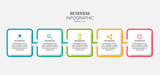 Line flow infographic. 5 steps square timeline milestone graphic, presentation banner concept. 