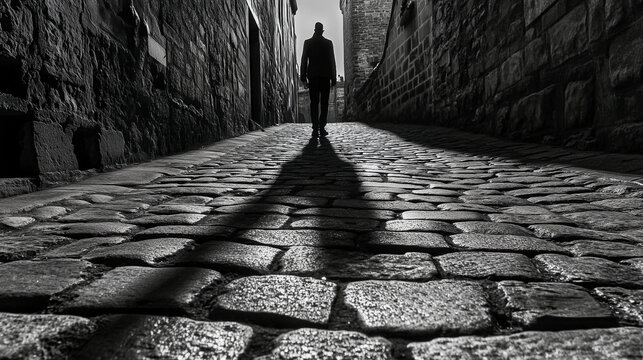 A traveler's shadow on a cobblestone street, with historic architecture looming above. - Powered by Adobe
