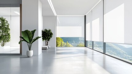 Fototapeta premium Modern minimalistic interior design showcasing panoramic windows and greenery against a serene mountain backdrop