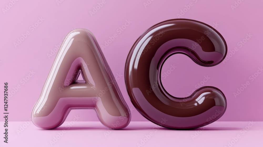 Poster glossy 3d letters a and c in soft colors on pink background