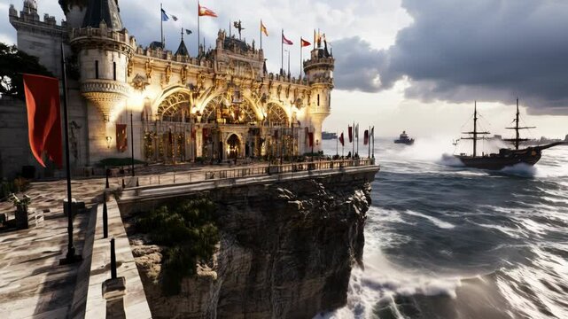 Majestic Castle On A Cliff Overlooking A Stormy Sea