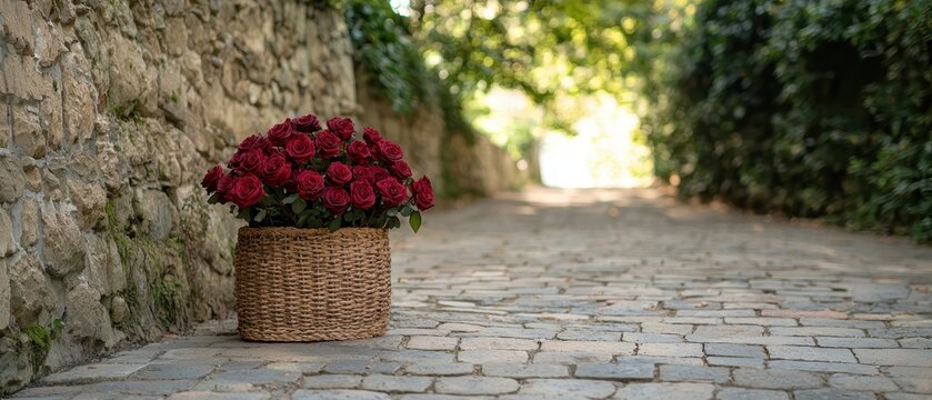 A basket of red roses sits on a cobblestone path.