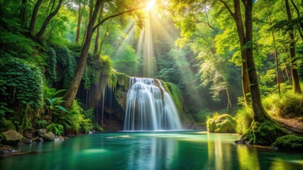 Fototapeta premium waterfall in green forest jungle scene with sunlight filtering through the trees, forest environment , water feature