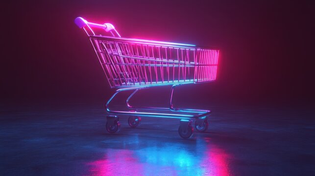 Neon-lit shopping cart on dark surface.
