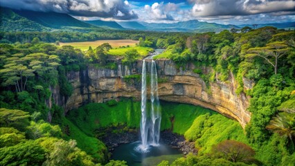 Fototapeta premium Stunning Chamarel Waterfall in lush tropical island from top view with greenery and vibrant colors, misty atmosphere and turquoise water, lush green, waterfall