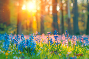 Beautiful natural spring landscape with a colorful field of hyacinth flowers against the backdrop of forest and sun.