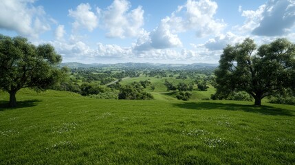 Lush green landscape with trees and a cloudy sky.