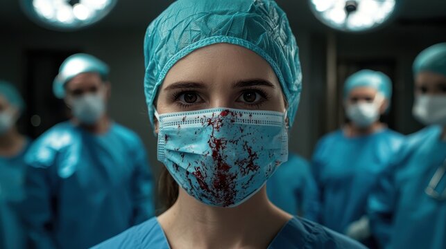 A surgeon with a bloody mask in an operating room.