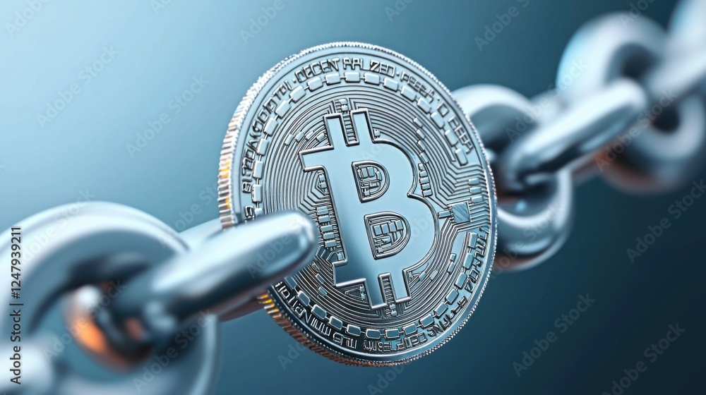 Poster conceptual representation of blockchain technology with bitcoin coin