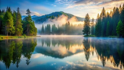 Fototapeta premium A serene mountain lake at dawn with misty fog rising from the water's surface, surrounded by lush greenery and tall trees, creating a peaceful atmosphere, dawn light, tranquil scene