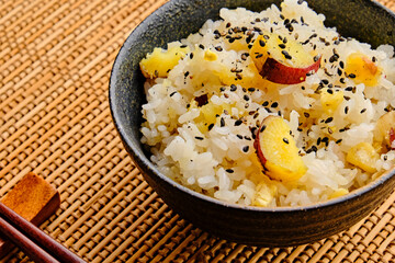 Japanese Sweet Potato and Chestnut Rice on Bamboo Placemat