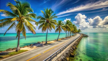Sun-kissed palm trees and turquoise waters along scenic Key West Road in Florida , scenic drive road key west florida landscape nature,