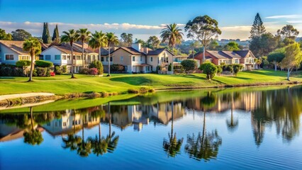 Fototapeta premium Row of homes near golf course with lush greenery and serene lake view in Eastlake Chula Vista , , neighborhood scenery