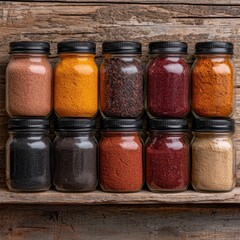 A collection of colorful spices in glass jars on a wooden shelf.