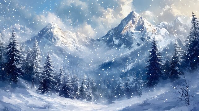 Snow-Capped Mountain Peaks: A serene landscape of snow-capped mountain peaks adorned with pine trees, blanketed in a pristine white blanket of fresh snow.