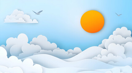 Fototapeta premium Sunny sky, paper art clouds, birds flying, peaceful landscape, website banner