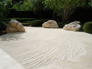 Fototapeta premium Zen garden with raked sand and rocks.