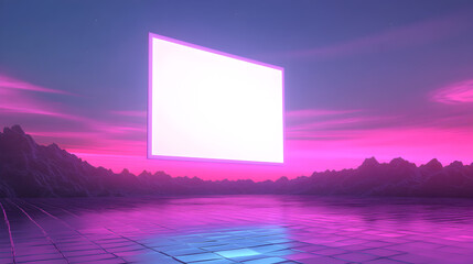 white billboard floating above an endless neon-lit grid, surrounded by a surreal vaporwave landscape 