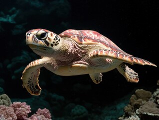 Obraz premium Sea turtle swimming underwater in the ocean.