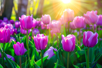 Beautiful natural wide-format image of spring meadow of young bright blooming purple tulips in morning sun in park in nature.