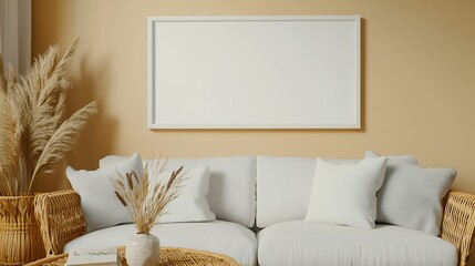Beige Living Room Interior with White Framed Poster and Pampas Grass Decor