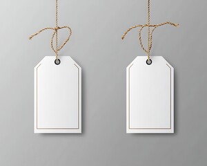 Blank gift tags hanging on twine, gray background