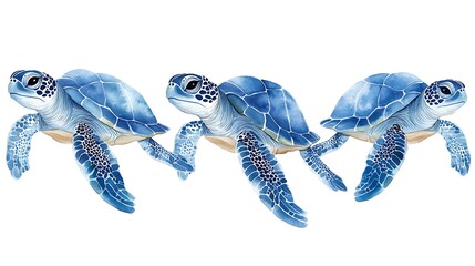 Sea Turtle Trio, Horizontal, White Background, Swim