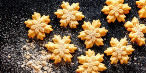 Golden, snowflake-shaped cookies sprinkled with flour, beautifully arranged on a dark surface,...