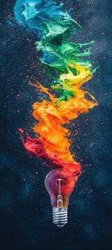 A vibrant light bulb emits colorful smoke, blending orange, yellow, green, and blue, symbolizing creativity and inspiration against a dark background.