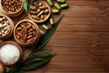 Fototapeta premium Arranging health benefits herbal ingredients kitchen natural environment top view chinese herbal medicine concept for wellness and nutrition