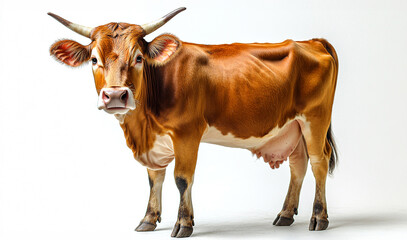 Full-body portrait of a brown dairy cow with horns on a white background.