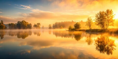 Obraz premium Dawn over serene lake landscape with misty atmosphere and soft golden light , misty, serene, misty, serene