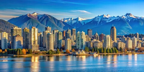 Obraz premium Panoramic view of Vancouver skyline with skyscrapers, mountains, water, English Bay