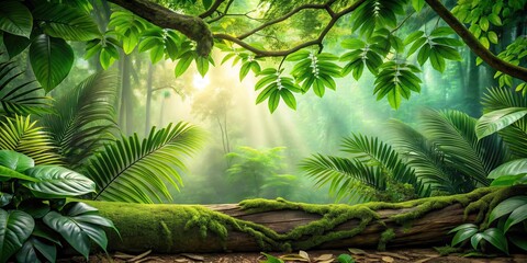 Exotic jungle foliage with vibrant green leaves scattered around a large tree branch on the forest floor, flora, foliage,  flora