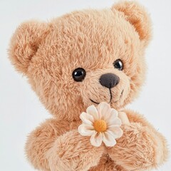 A cuddly teddy bear with round black eyes, holding a little fabric flower, on isolated white background