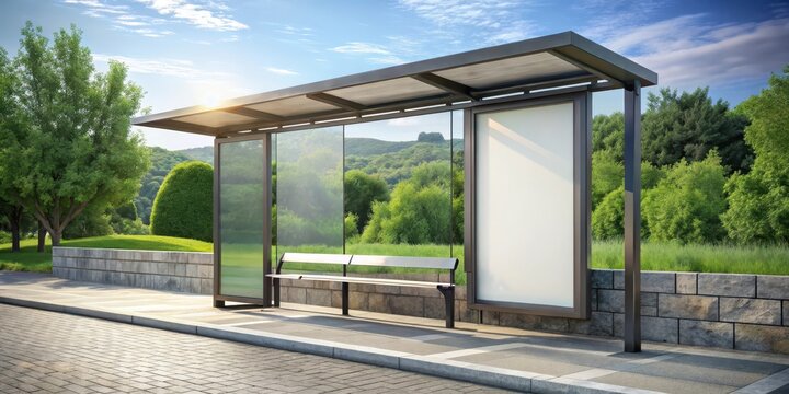 A digital illustration of a bus stop billboard with a futuristic outdoor abri advertising mockup, bus stop billboard, design