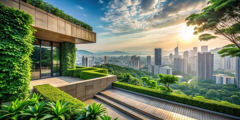 A lone architectural corner with lush greenery , cityscape, foliage,  cityscape, foliage