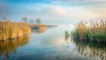 Fototapeta premium Misty reed bed amidst a dense foggy seascape with water lapping against the shore, surrounded by tall grasses and aquatic plants, creating a serene atmosphere, serene , landscape