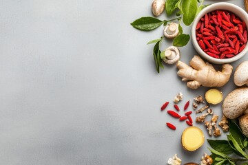 Traditional chinese medicine ingredients flat lay herbal concepts kitchen decor natural altitude top view health and wellness culinary arts